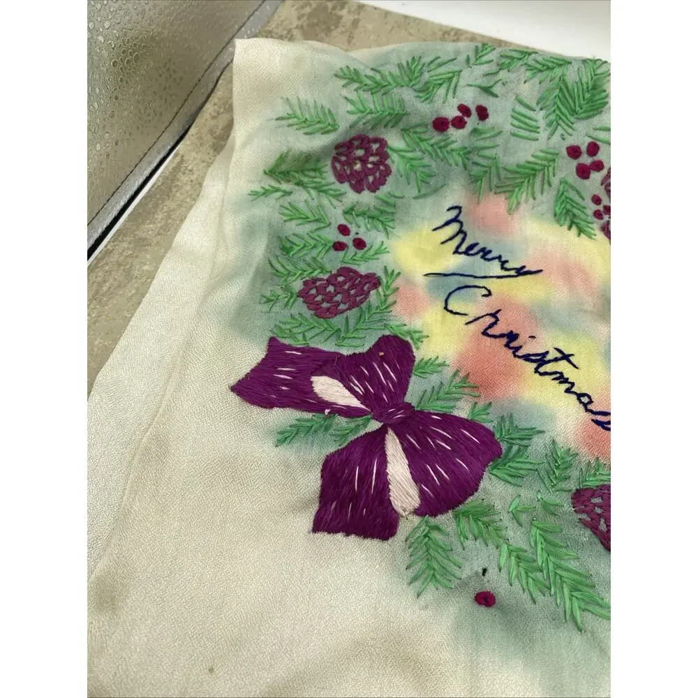 Antique Handmade Embroidered Christmas Scarf 27”X 27” Multicolored